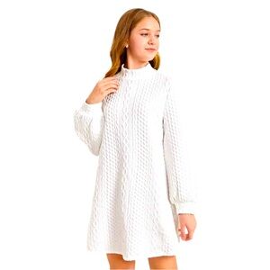 Girls White Knitted Puff Long-Sleeved A-Hem Dress